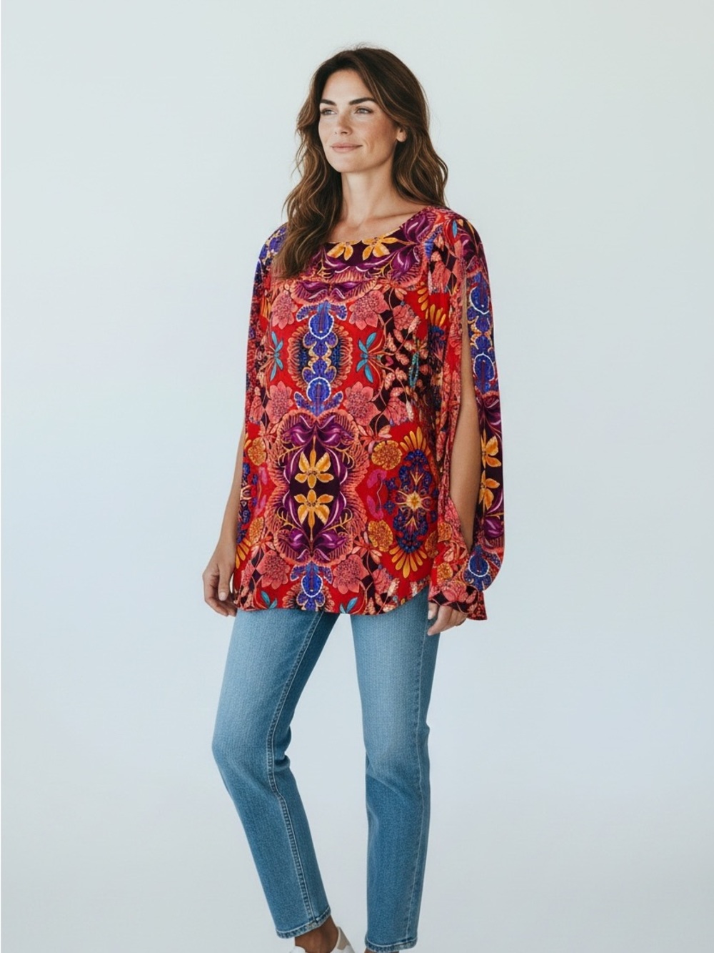 Loft Women’s Size Large Round Neck Fantasy Floral Long Slit Sleeve Blouse